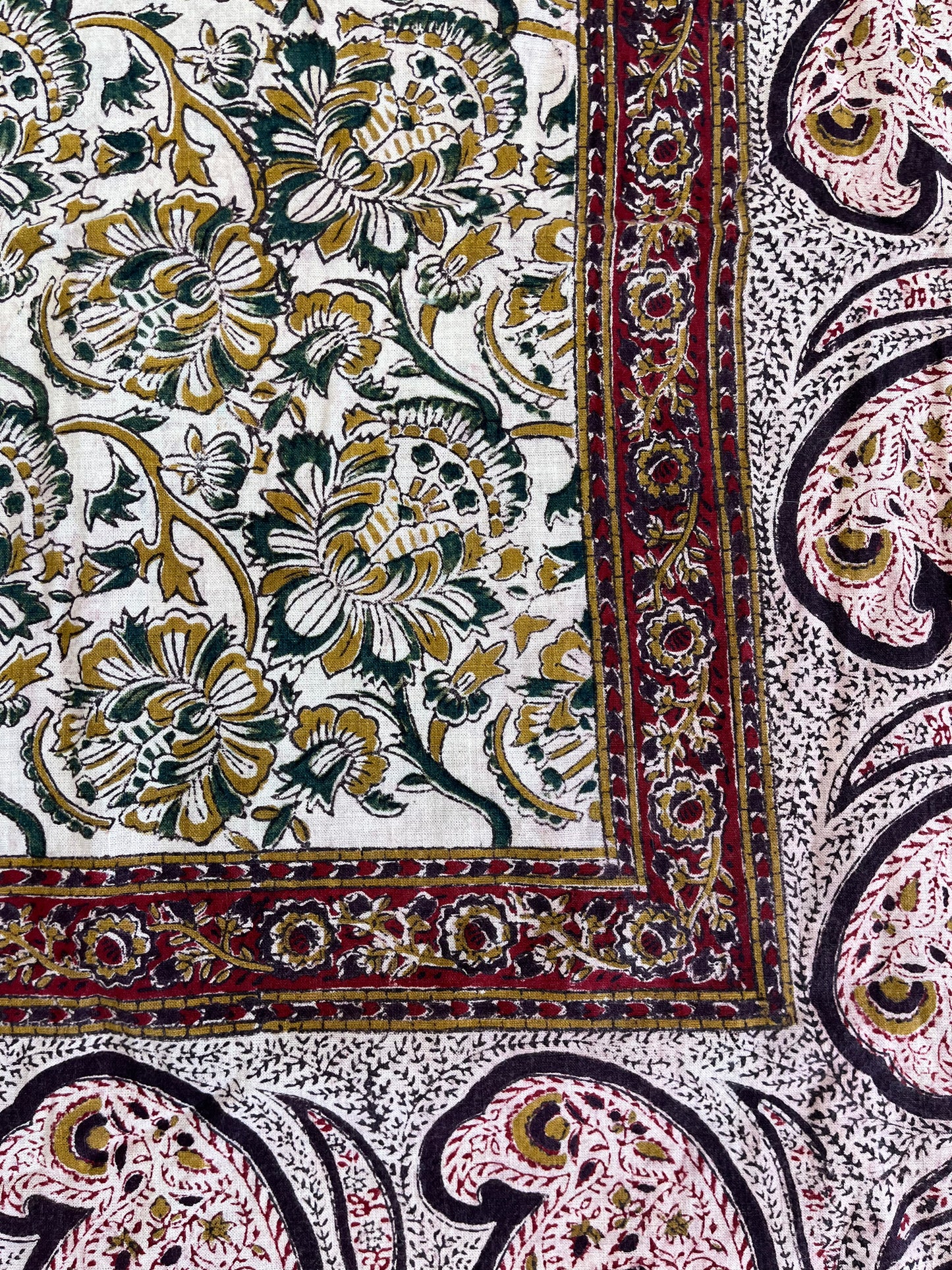 1970s Vintage Indian Cotton Hand Block Printed Uncut Fabric Yardage - Micro and Macro Floral / Paisley / Burgundy - 105" x 175" (#20)