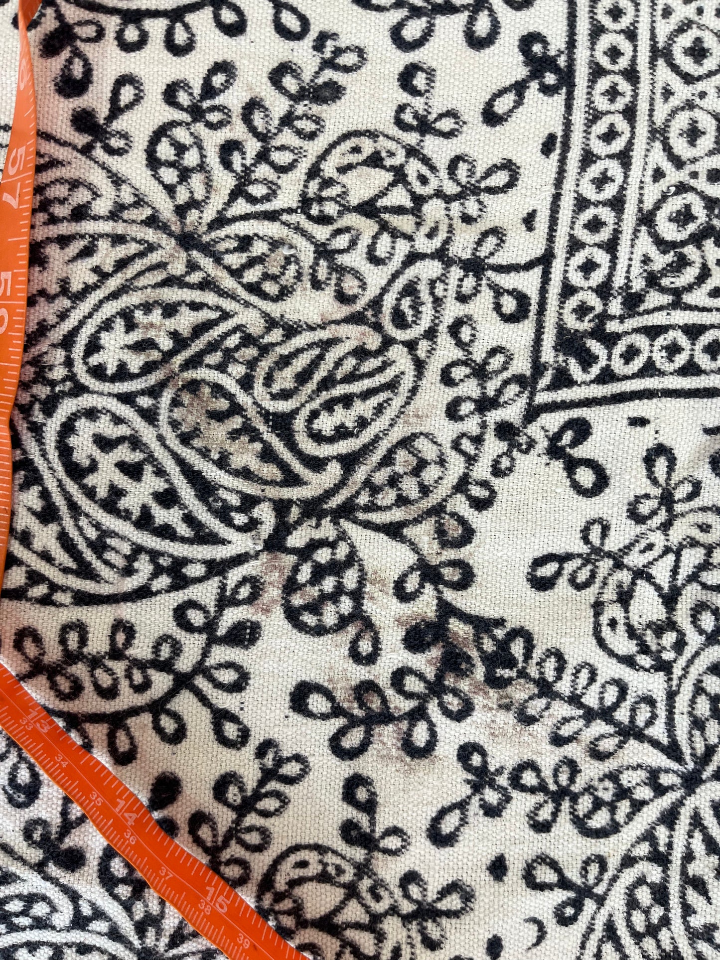 1970s Vintage Indian Cotton Hand Block Printed Uncut Fabric Yardage - Fish / Floral / Black and White - 101" x 168" (#15)
