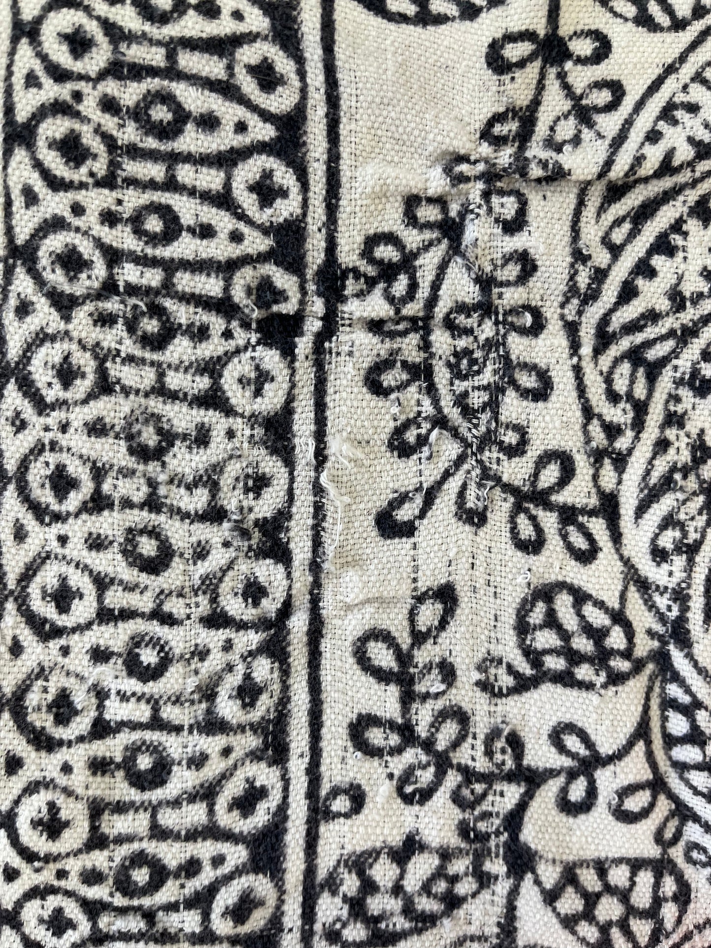 1970s Vintage Indian Cotton Hand Block Printed Uncut Fabric Yardage - Fish / Floral / Black and White - 101" x 168" (#15)