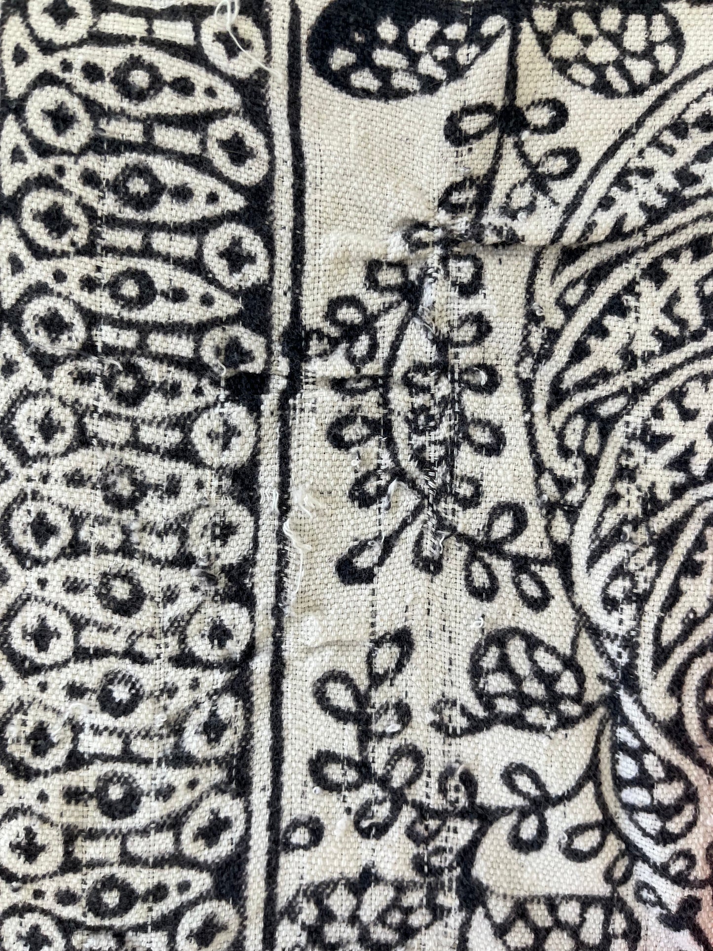 1970s Vintage Indian Cotton Hand Block Printed Uncut Fabric Yardage - Fish / Floral / Black and White - 101" x 168" (#15)