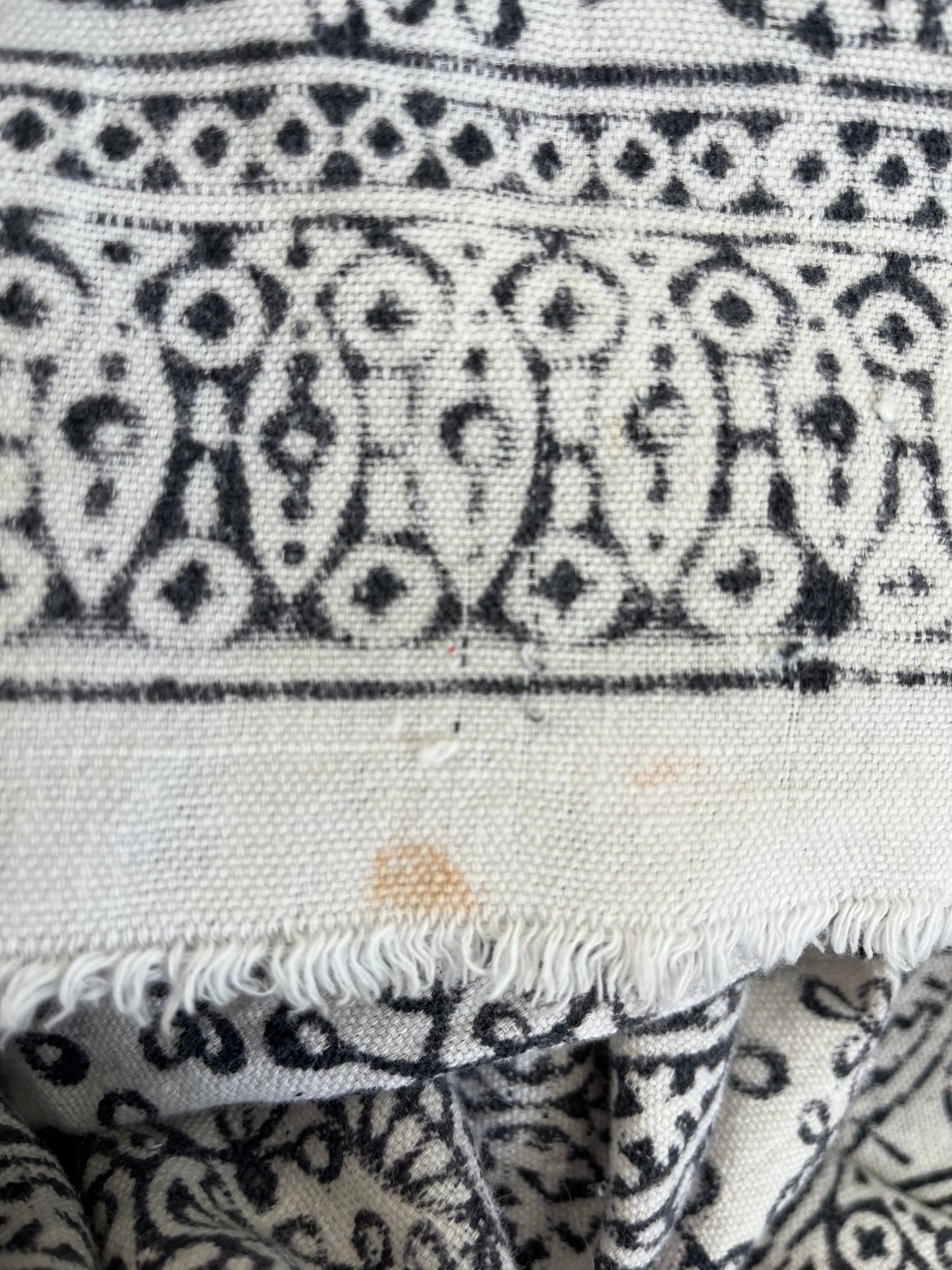 1970s Vintage Indian Cotton Hand Block Printed Uncut Fabric Yardage - Fish / Floral / Black and White - 101" x 168" (#15)