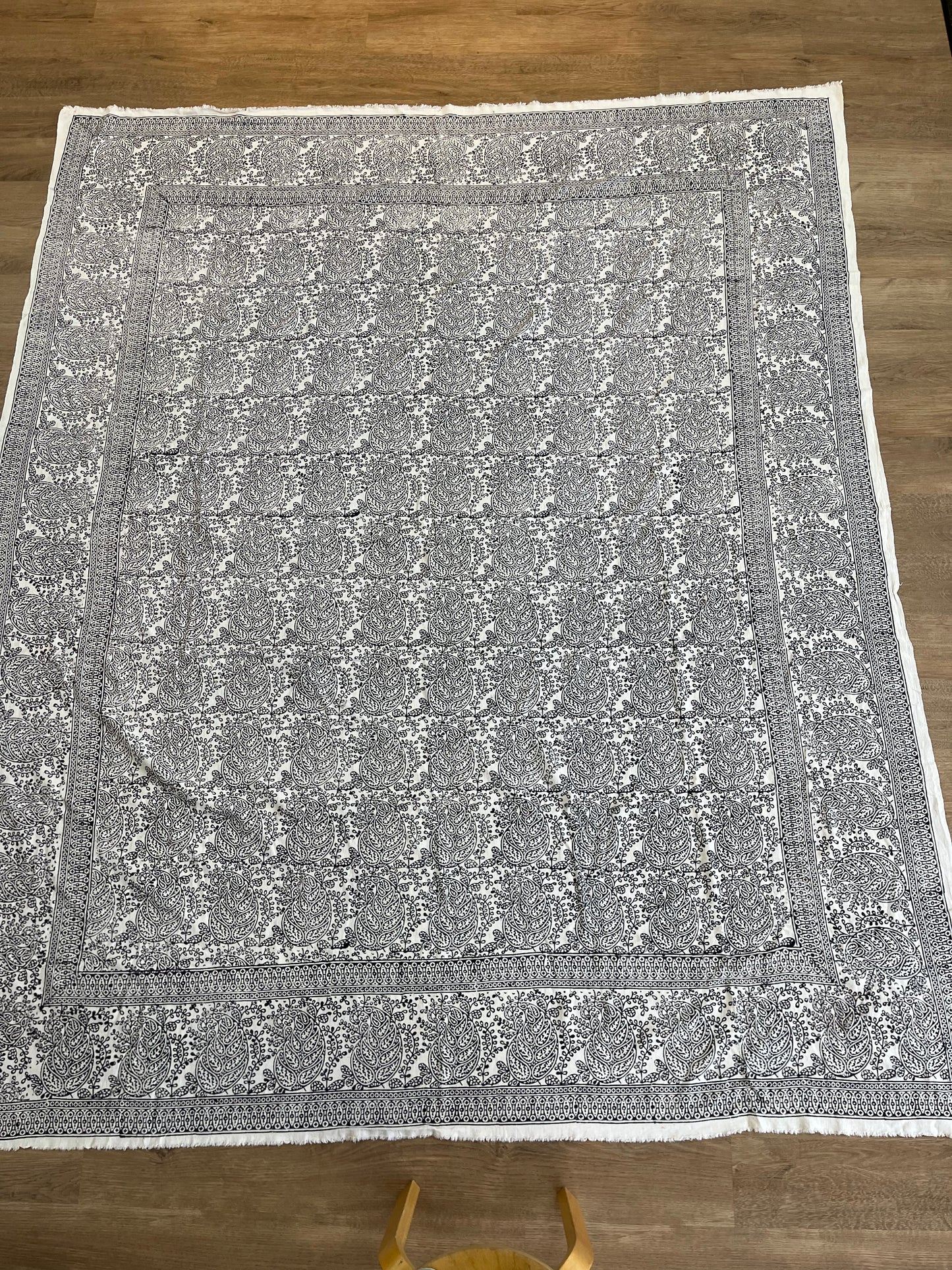 1970s Vintage Indian Cotton Hand Block Printed Uncut Fabric Yardage - Fish / Floral / Black and White - 101" x 168" (#15)