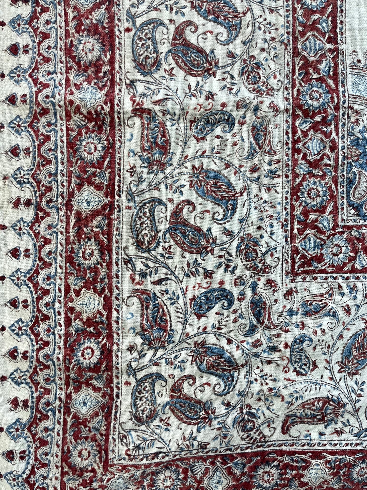 1970s Vintage Indian Cotton Hand Block Printed Uncut Fabric Yardage - Paisley / Floral / Cream - 98" x 167" (#17)