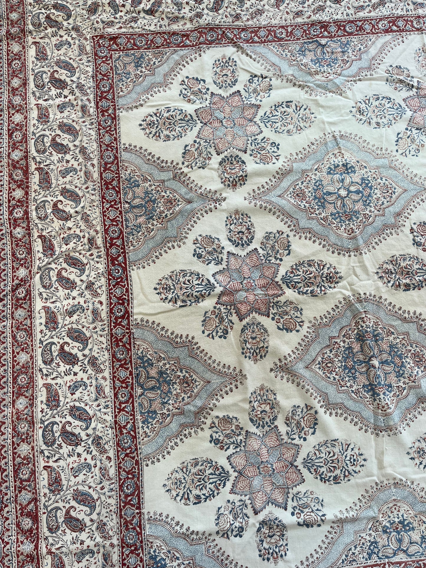 1970s Vintage Indian Cotton Hand Block Printed Uncut Fabric Yardage - Paisley / Floral / Cream - 98" x 167" (#17)