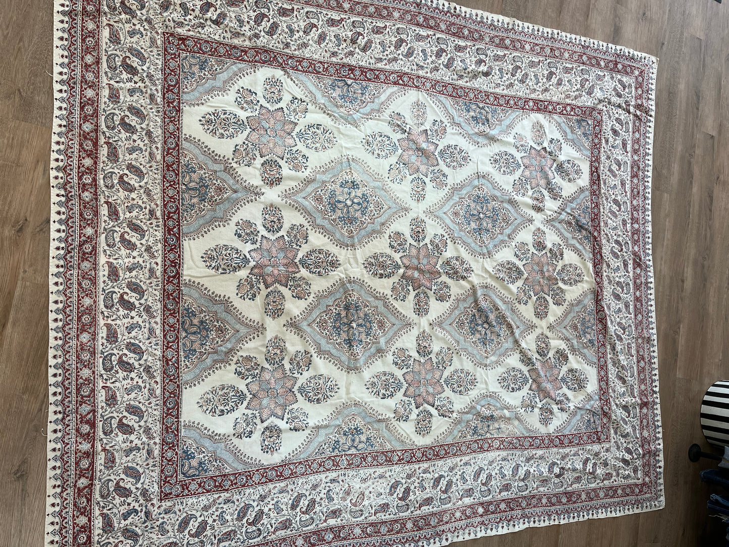 1970s Vintage Indian Cotton Hand Block Printed Uncut Fabric Yardage - Paisley / Floral / Cream - 98" x 167" (#17)