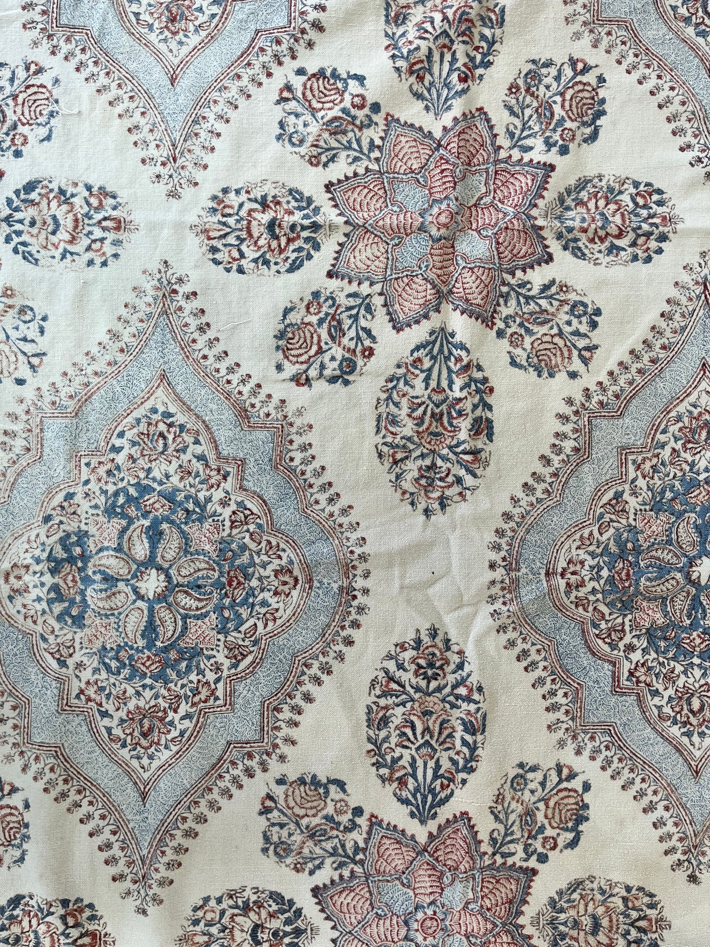 1970s Vintage Indian Cotton Hand Block Printed Uncut Fabric Yardage - Paisley / Floral / Cream - 98" x 167" (#17)