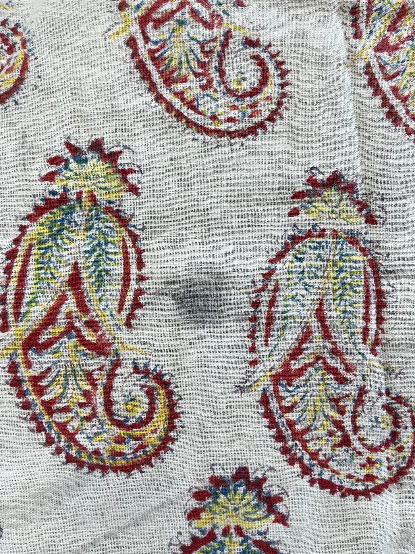 1970s Vintage Indian Cotton Hand Block Printed Uncut Fabric Yardage - Paisley / Cream - 50.5" x 80.5" (#21)