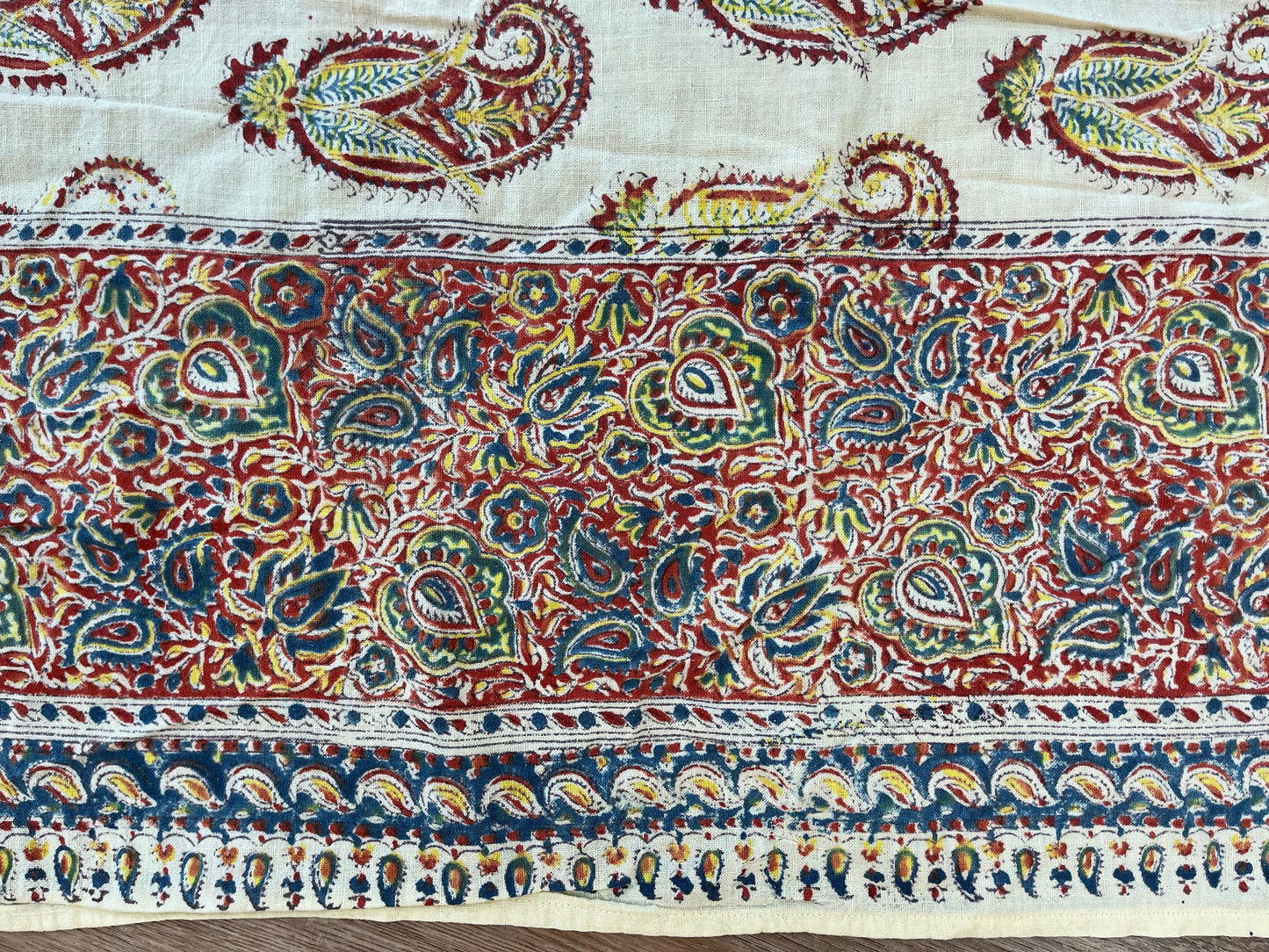 1970s Vintage Indian Cotton Hand Block Printed Uncut Fabric Yardage - Paisley / Cream - 50.5" x 80.5" (#21)