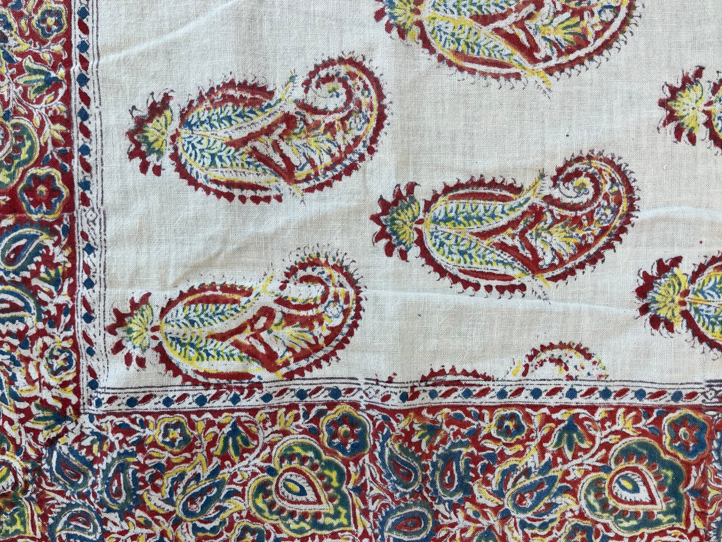 1970s Vintage Indian Cotton Hand Block Printed Uncut Fabric Yardage - Paisley / Cream - 50.5" x 80.5" (#21)