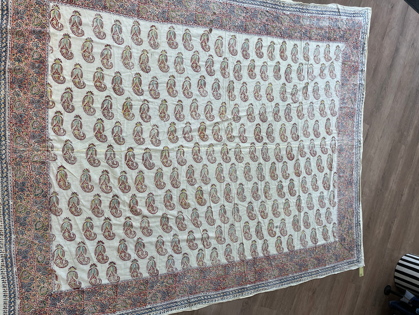 1970s Vintage Indian Cotton Hand Block Printed Uncut Fabric Yardage - Paisley / Cream - 50.5" x 80.5" (#21)
