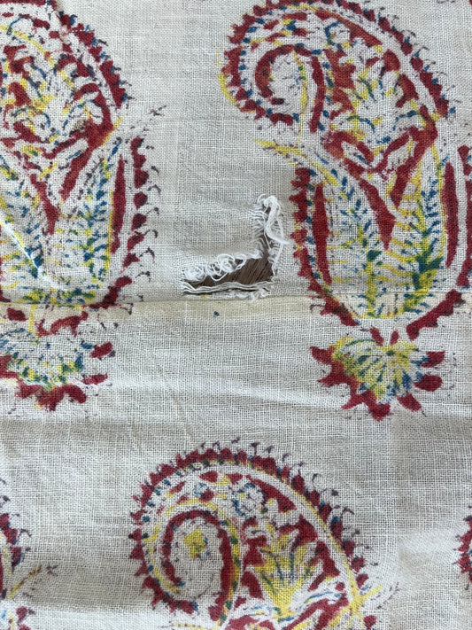 1970s Vintage Indian Cotton Hand Block Printed Uncut Fabric Yardage - Paisley / Cream - 50.5" x 80.5" (#21)