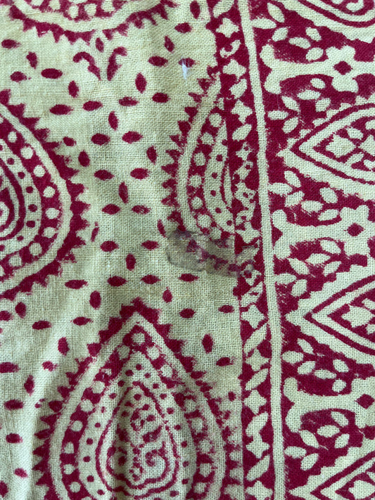 1970s Vintage Indian Cotton Hand Block Printed Uncut Fabric Yardage - Paisley / Floral / Light Yellow and Red - 102" x 132" (#16)