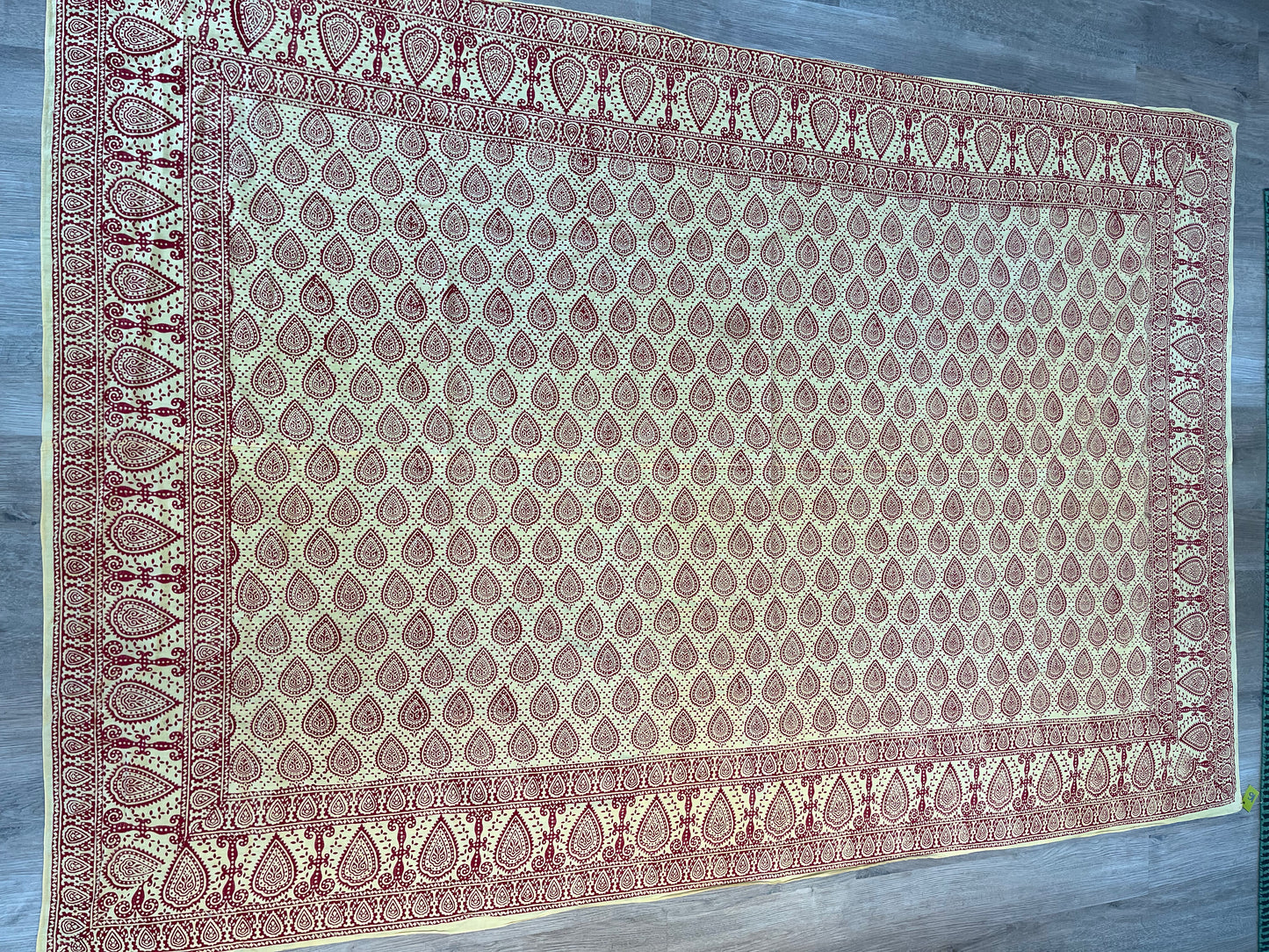 1970s Vintage Indian Cotton Hand Block Printed Uncut Fabric Yardage - Paisley / Floral / Light Yellow and Red - 102" x 132" (#16)