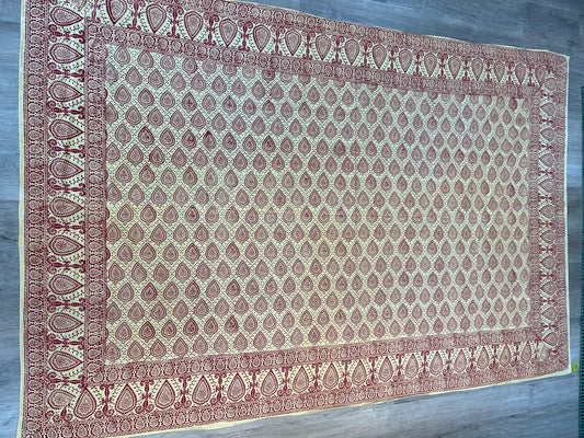 1970s Vintage Indian Cotton Hand Block Printed Uncut Fabric Yardage - Paisley / Floral / Light Yellow and Red - 102" x 132" (#16)