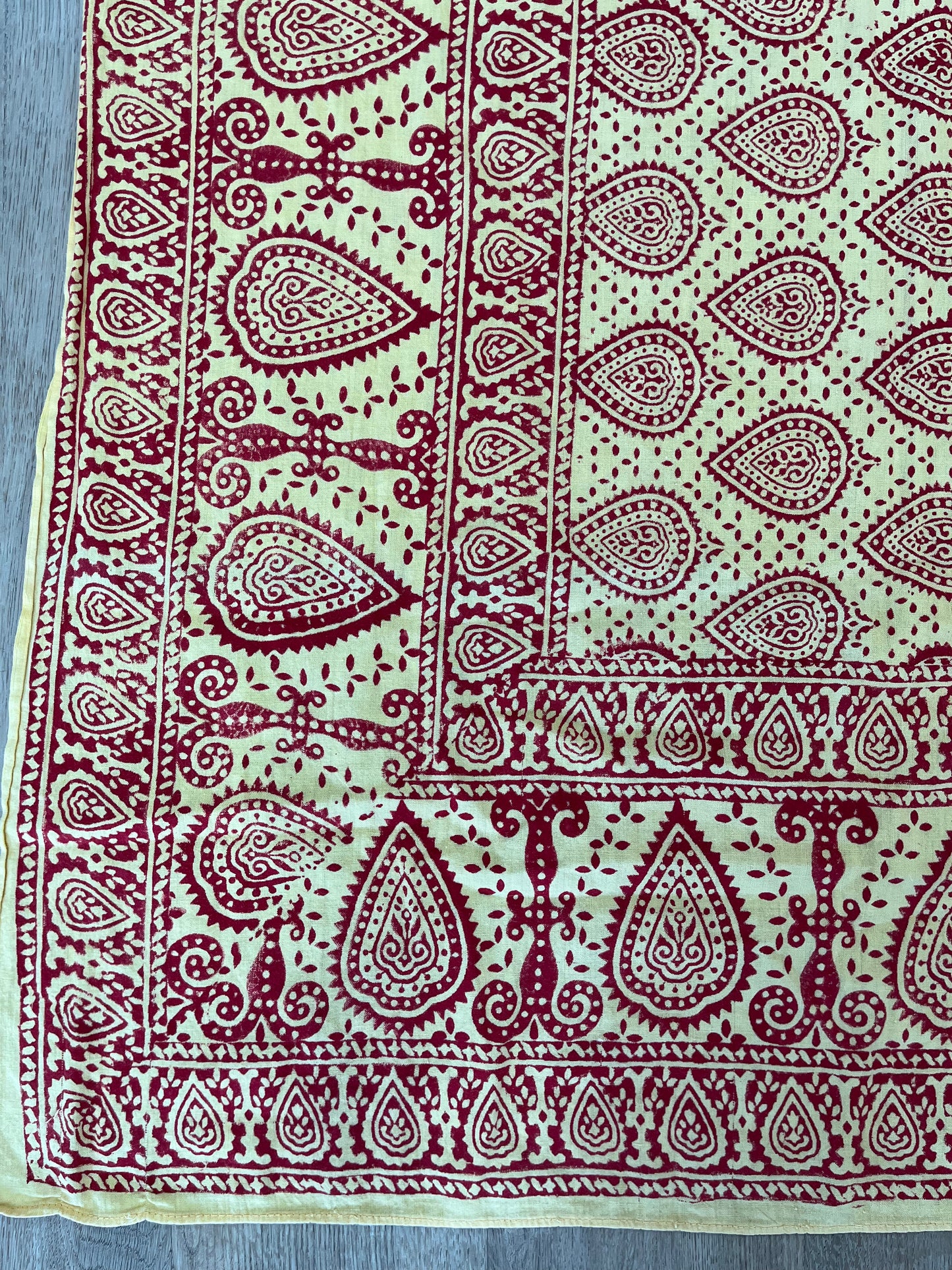 1970s Vintage Indian Cotton Hand Block Printed Uncut Fabric Yardage - Paisley / Floral / Light Yellow and Red - 102" x 132" (#16)