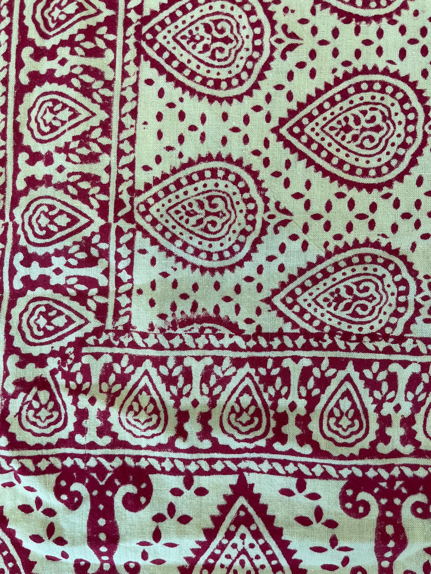 1970s Vintage Indian Cotton Hand Block Printed Uncut Fabric Yardage - Paisley / Floral / Light Yellow and Red - 102" x 132" (#16)