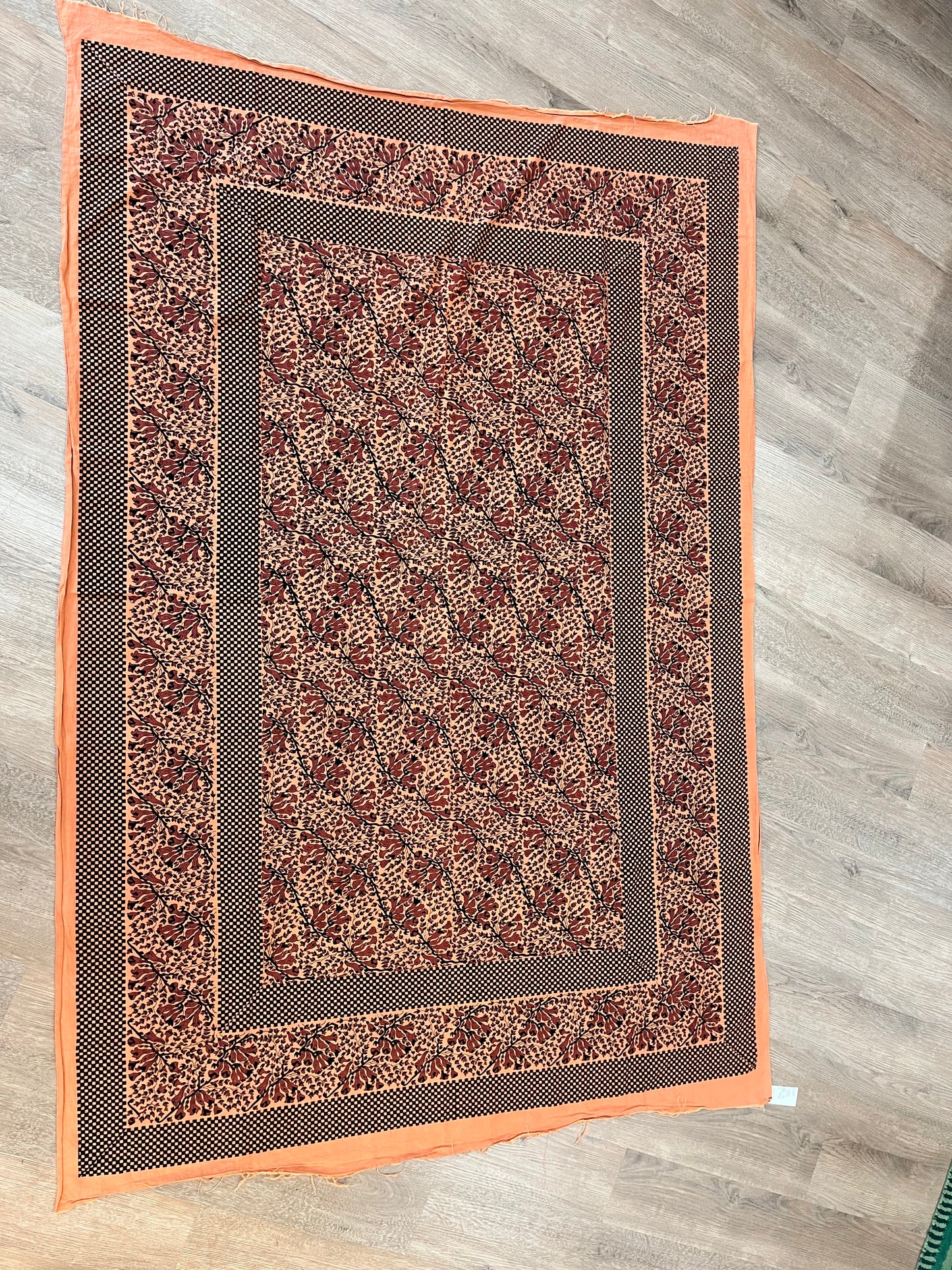 1970s Vintage Indian Cotton Hand Block Printed Uncut Fabric Yardage - Checker / Floral / Pale Orange - 82" x 112" (#18)