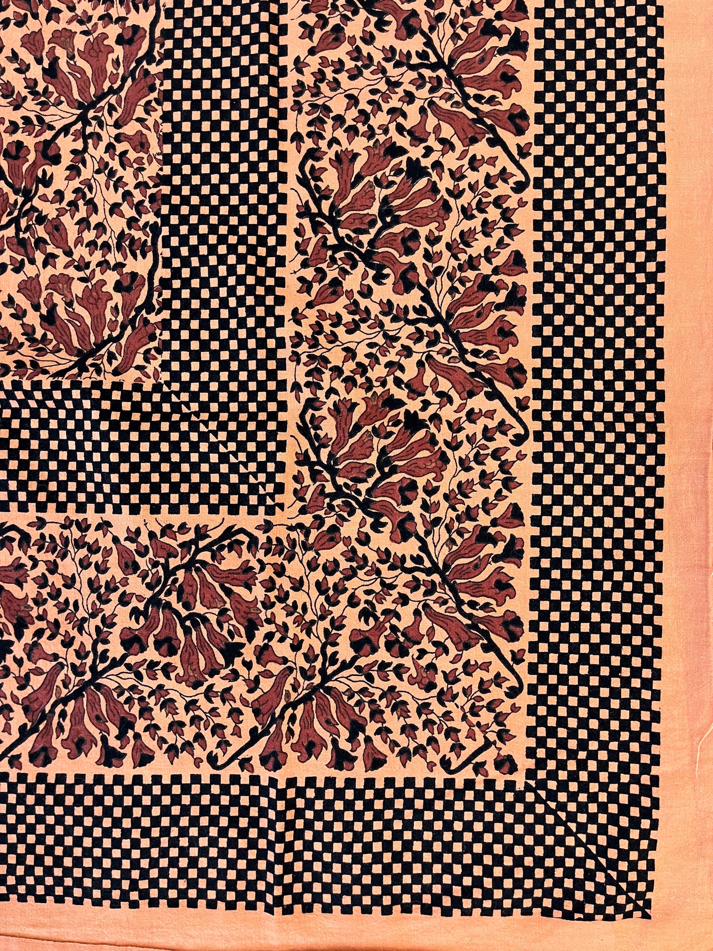 1970s Vintage Indian Cotton Hand Block Printed Uncut Fabric Yardage - Checker / Floral / Pale Orange - 82" x 112" (#18)
