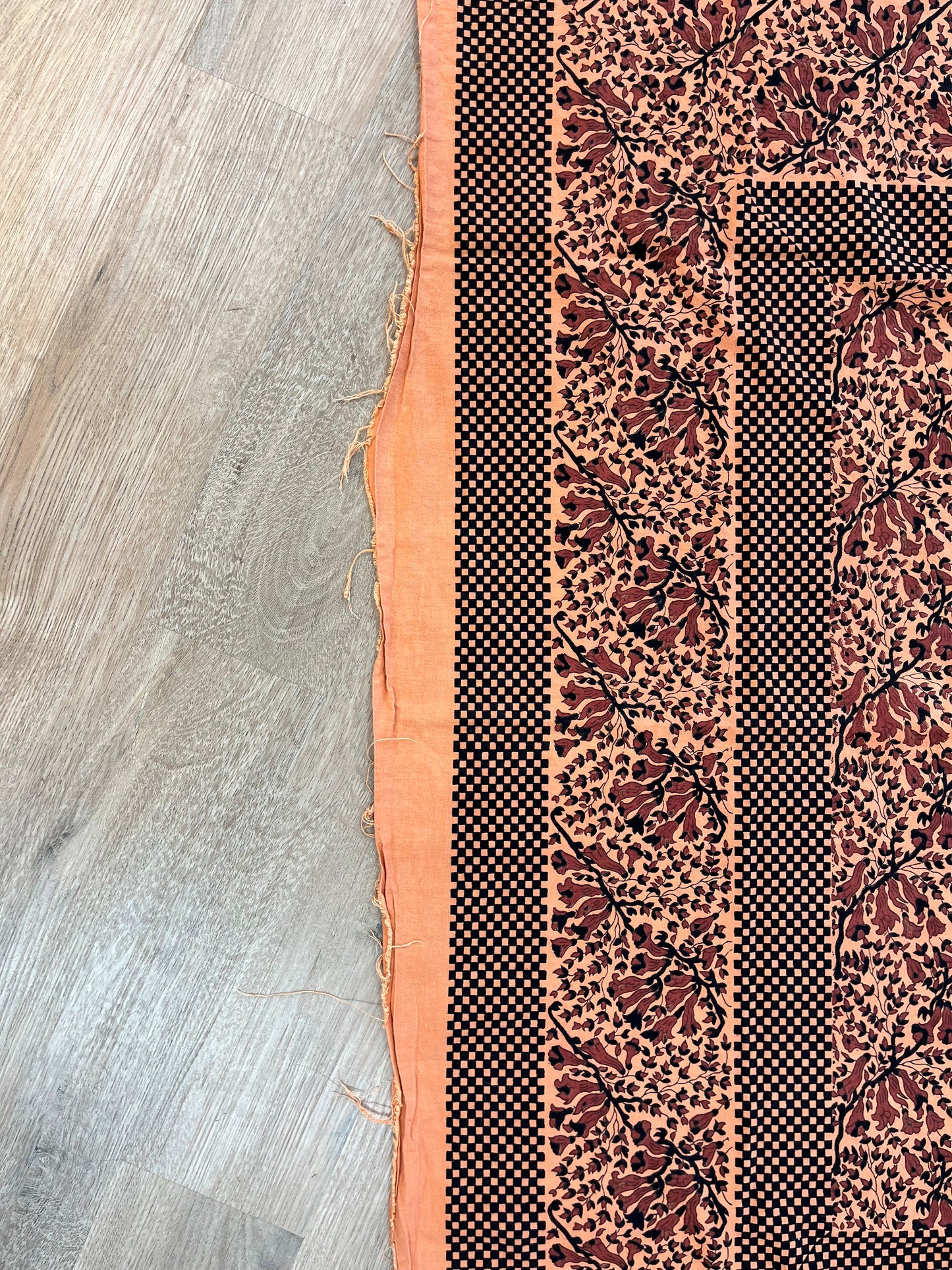 1970s Vintage Indian Cotton Hand Block Printed Uncut Fabric Yardage - Checker / Floral / Pale Orange - 82" x 112" (#18)