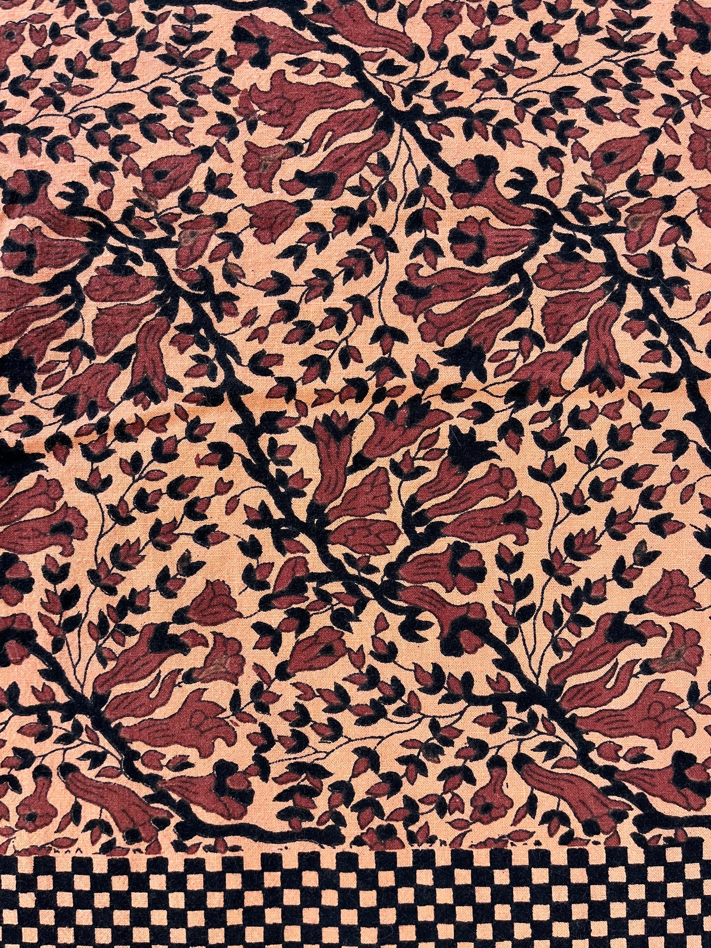 1970s Vintage Indian Cotton Hand Block Printed Uncut Fabric Yardage - Checker / Floral / Pale Orange - 82" x 112" (#18)