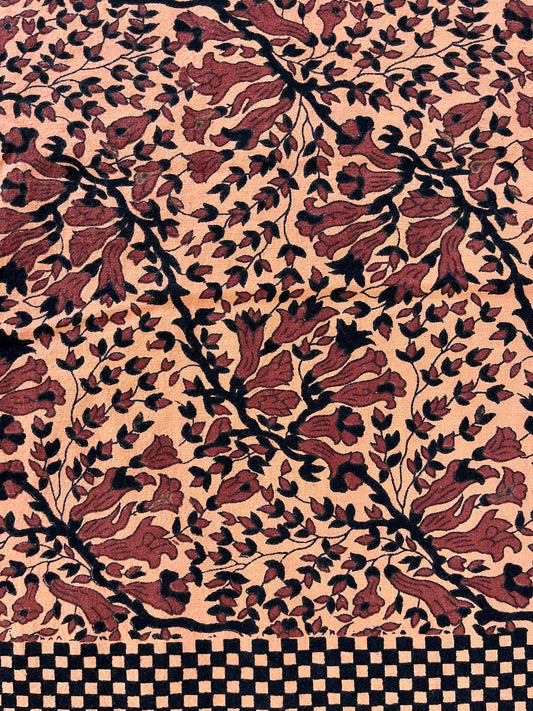1970s Vintage Indian Cotton Hand Block Printed Uncut Fabric Yardage - Checker / Floral / Pale Orange - 82" x 112" (#18)