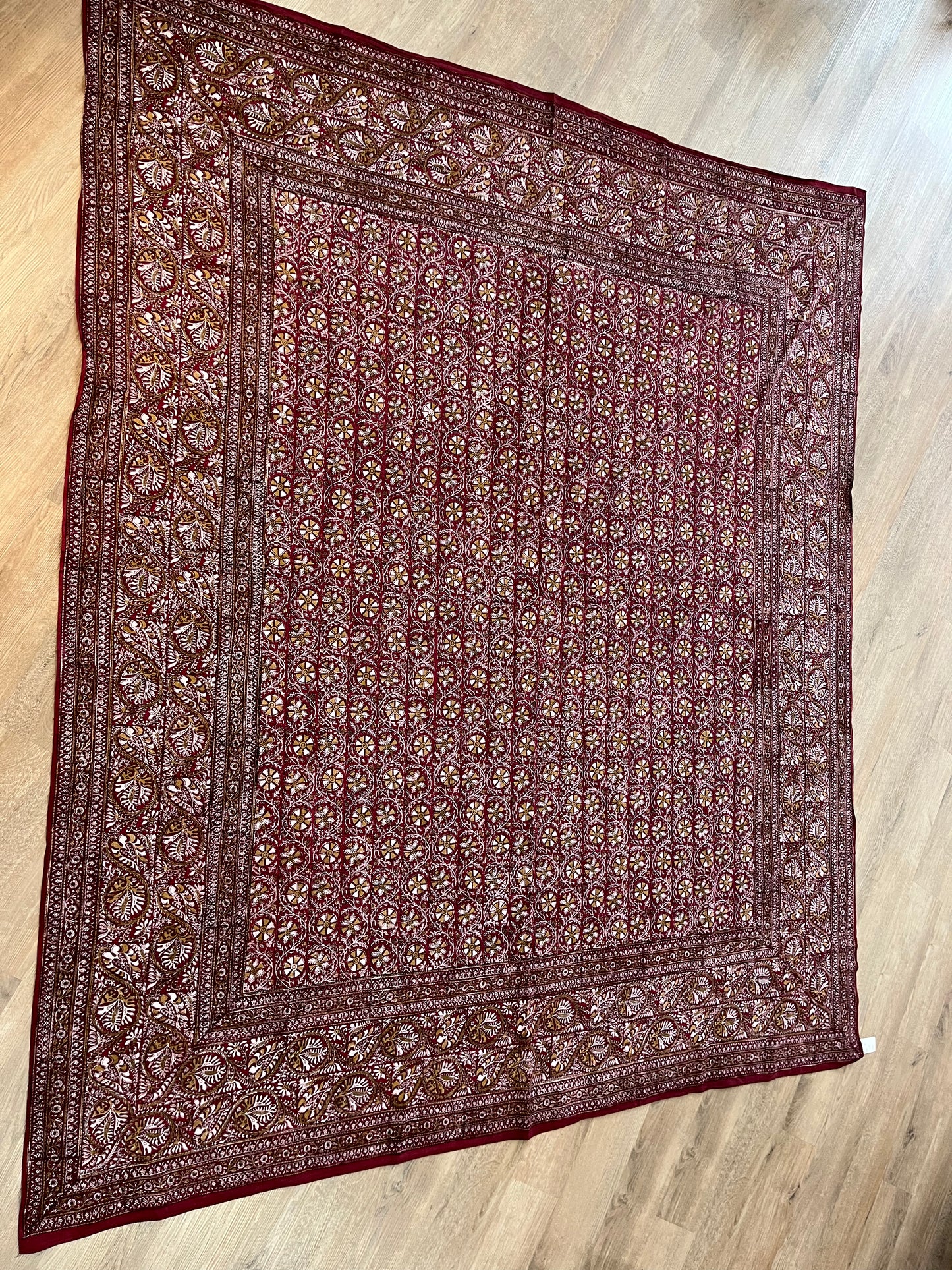 1970s Vintage Indian Cotton Hand Block Printed Uncut Fabric Yardage - Micro Floral / Leaves / Burgundy - 100.5" x 86" (#19)