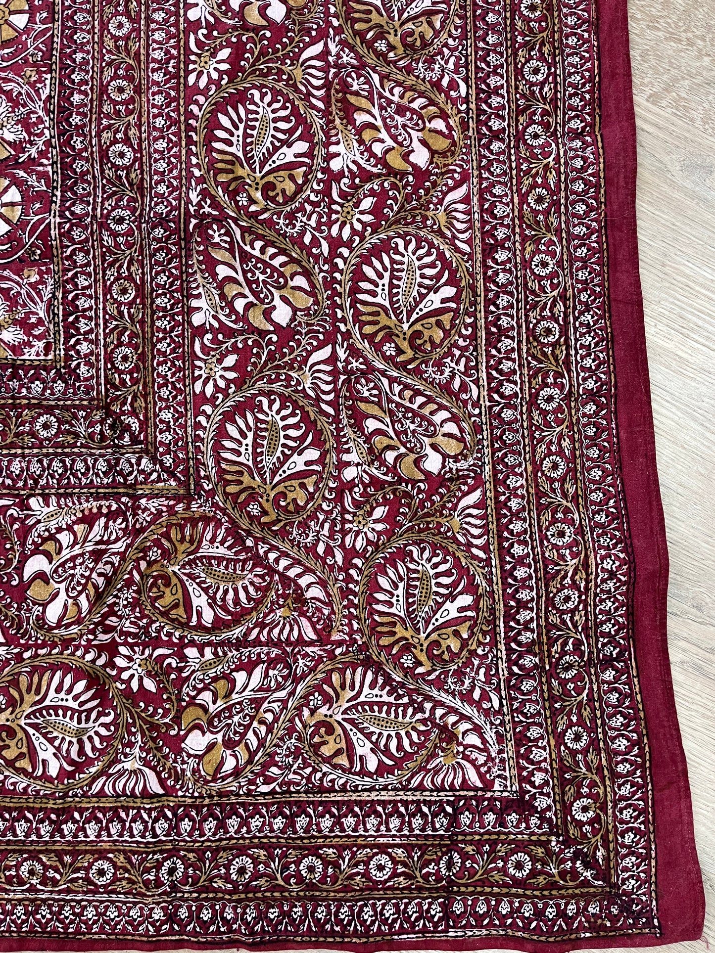 1970s Vintage Indian Cotton Hand Block Printed Uncut Fabric Yardage - Micro Floral / Leaves / Burgundy - 100.5" x 86" (#19)
