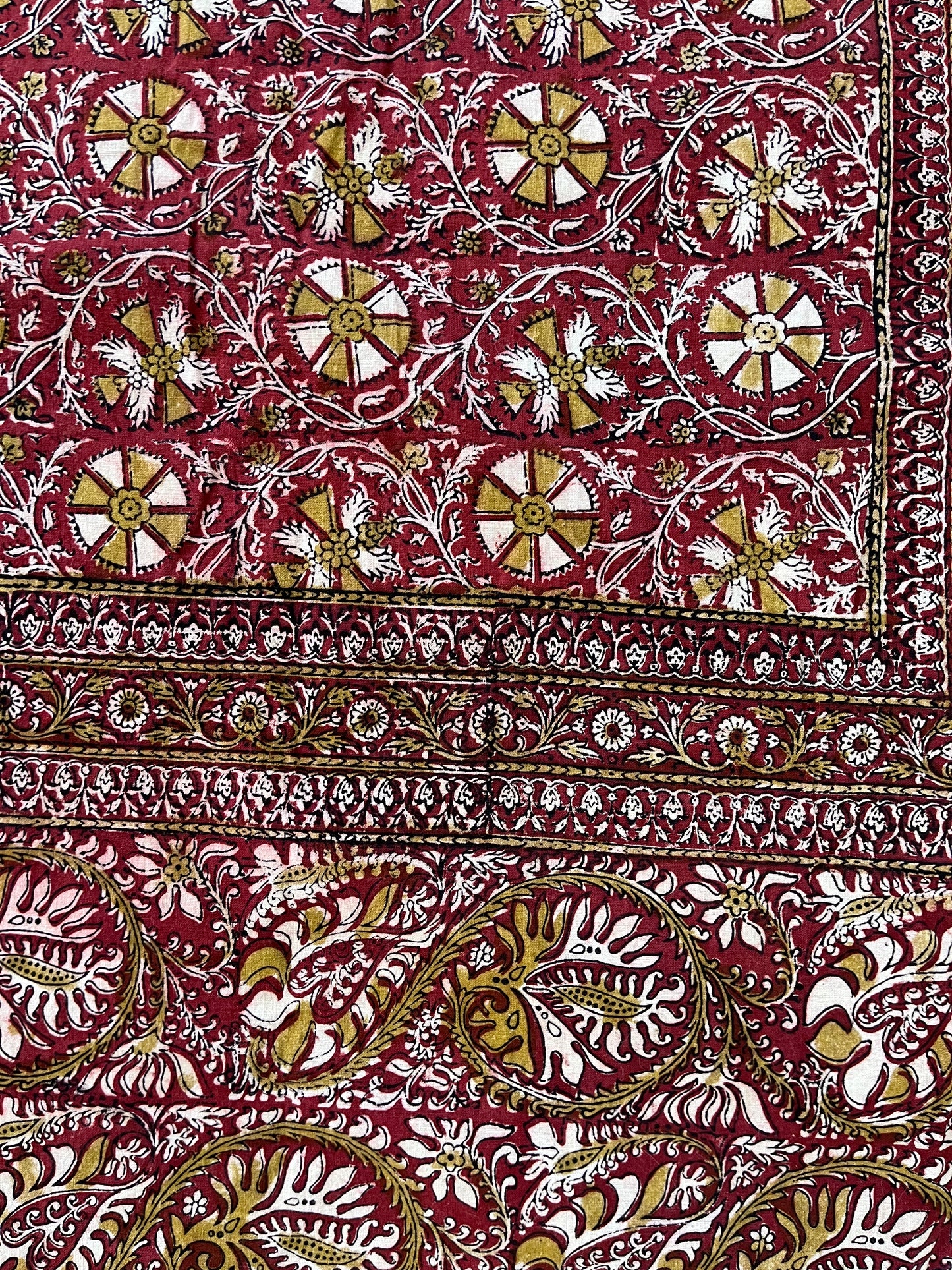 1970s Vintage Indian Cotton Hand Block Printed Uncut Fabric Yardage - Micro Floral / Leaves / Burgundy - 100.5" x 86" (#19)