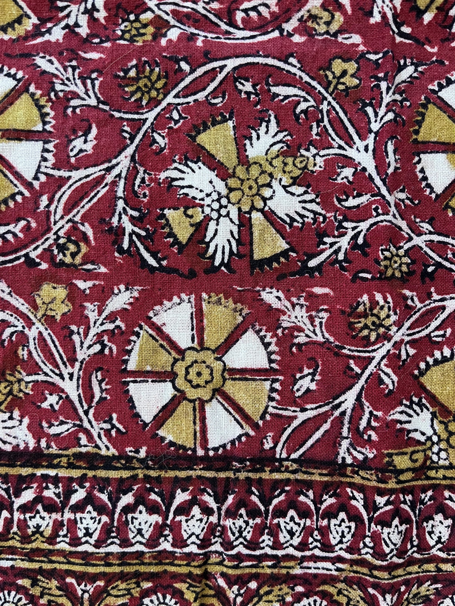 1970s Vintage Indian Cotton Hand Block Printed Uncut Fabric Yardage - Micro Floral / Leaves / Burgundy - 100.5" x 86" (#19)