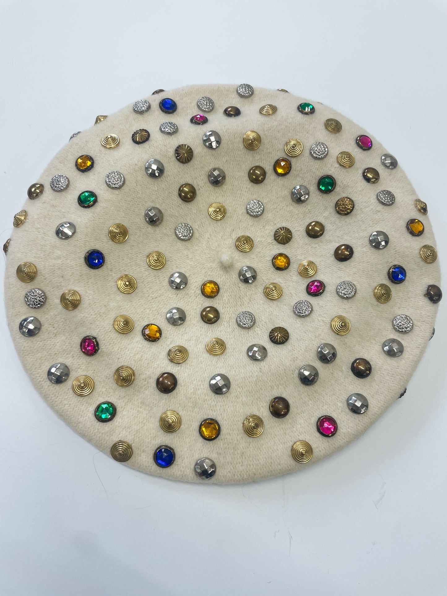 1960s Vintage Bedazzled Gems Cream Wool Beret