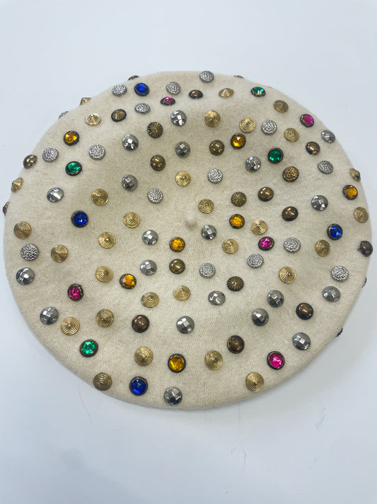 1960s Vintage Bedazzled Gems Cream Wool Beret