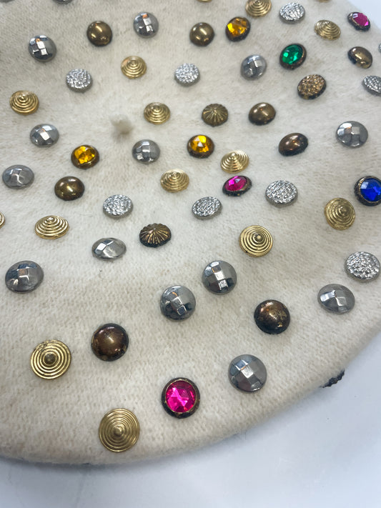 1960s Vintage Bedazzled Gems Cream Wool Beret