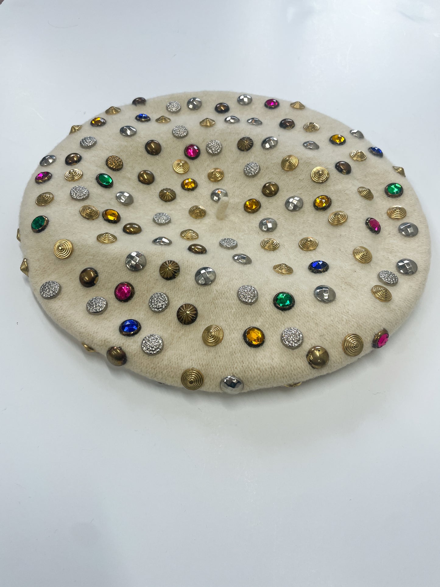 1960s Vintage Bedazzled Gems Cream Wool Beret
