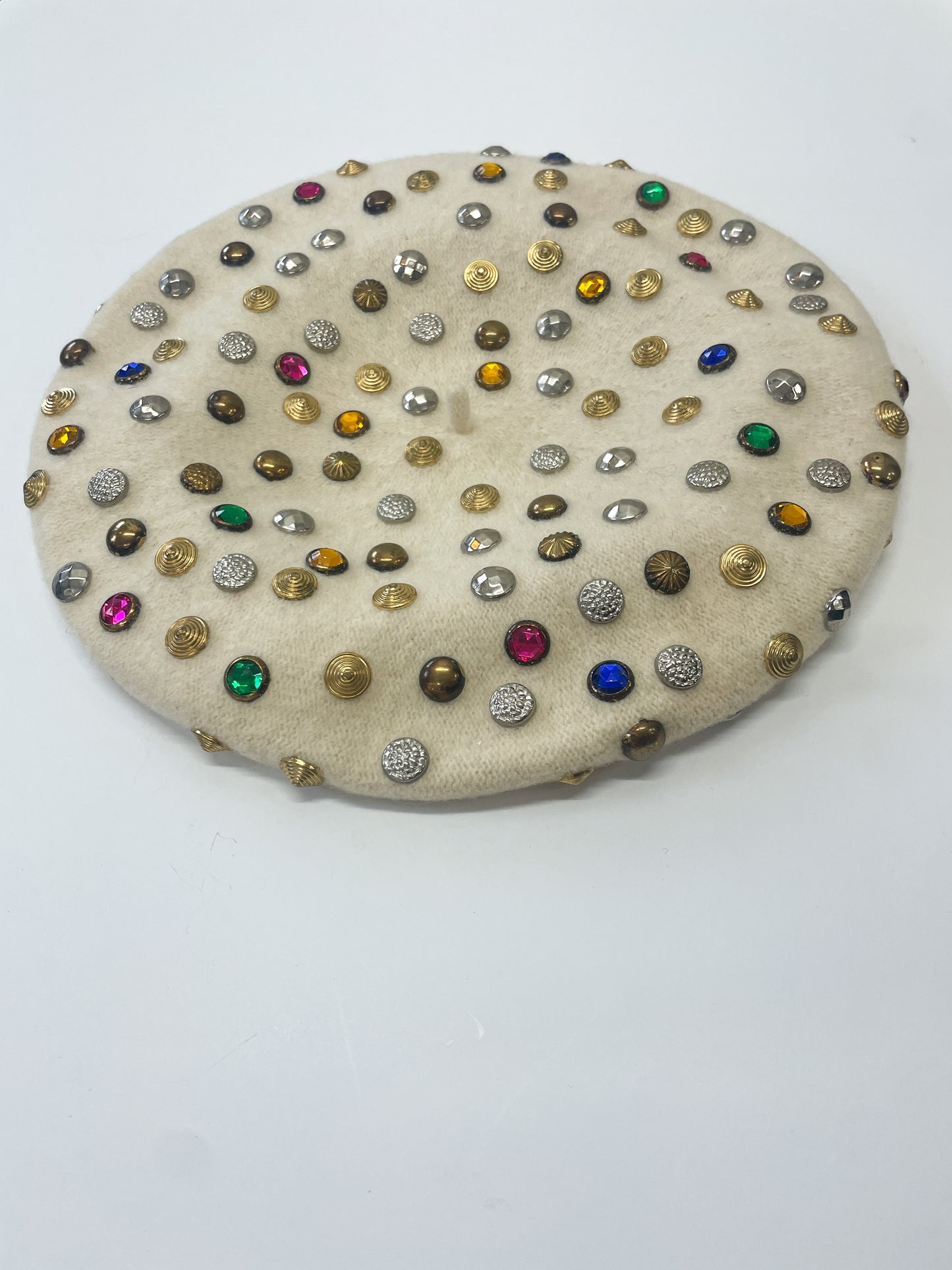 1960s Vintage Bedazzled Gems Cream Wool Beret