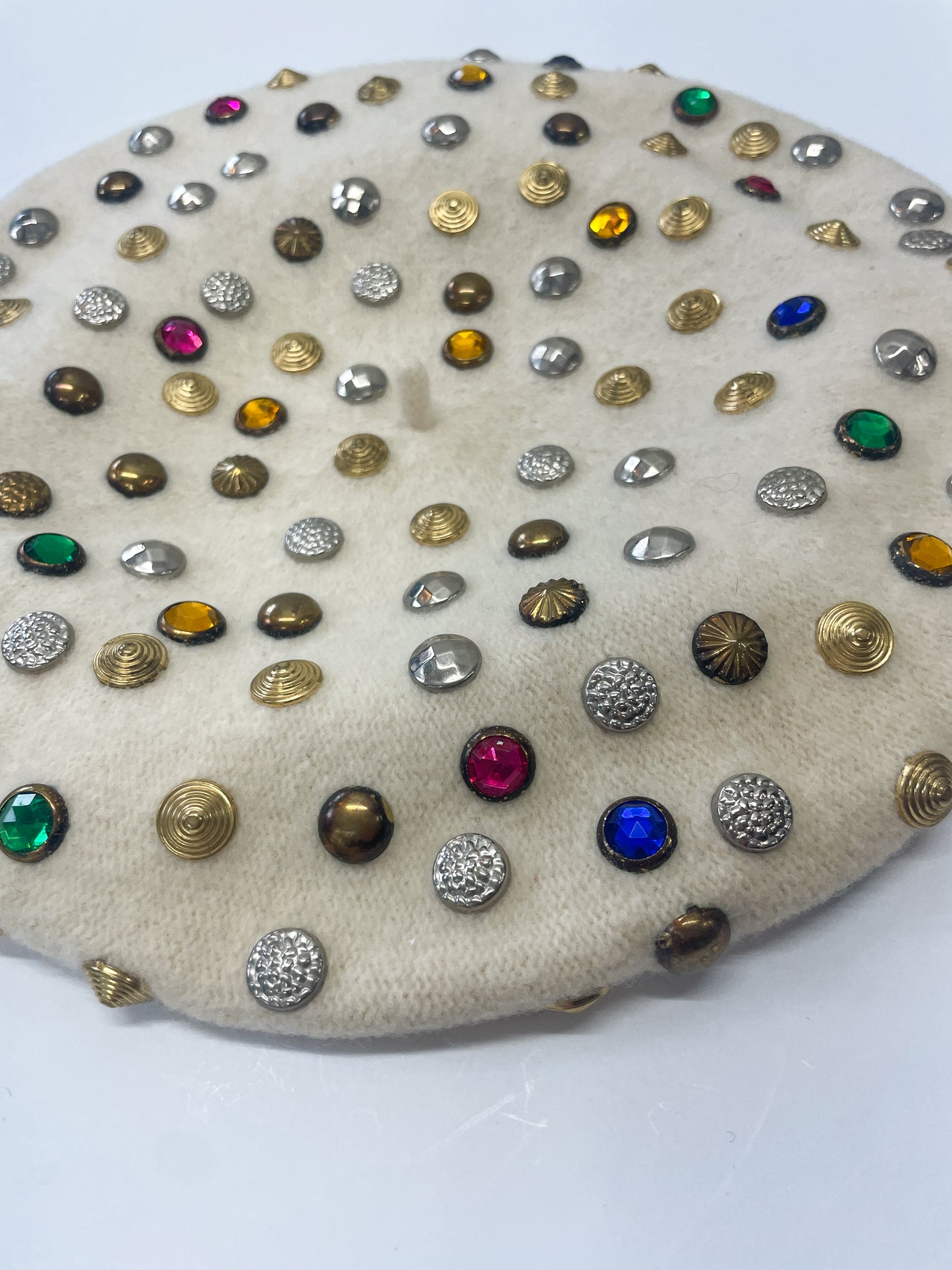 1960s Vintage Bedazzled Gems Cream Wool Beret