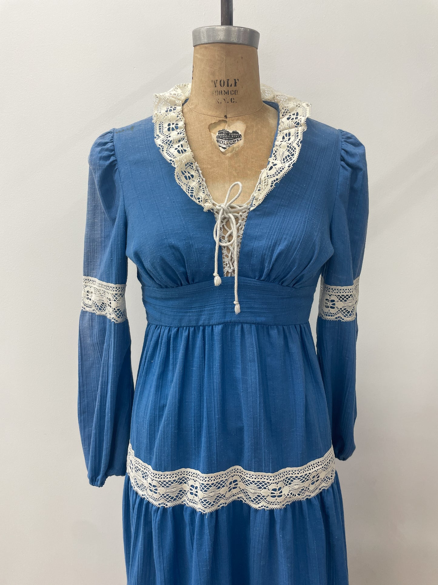 1970s Vintage Romantic Blue Prairie Maxi Dress