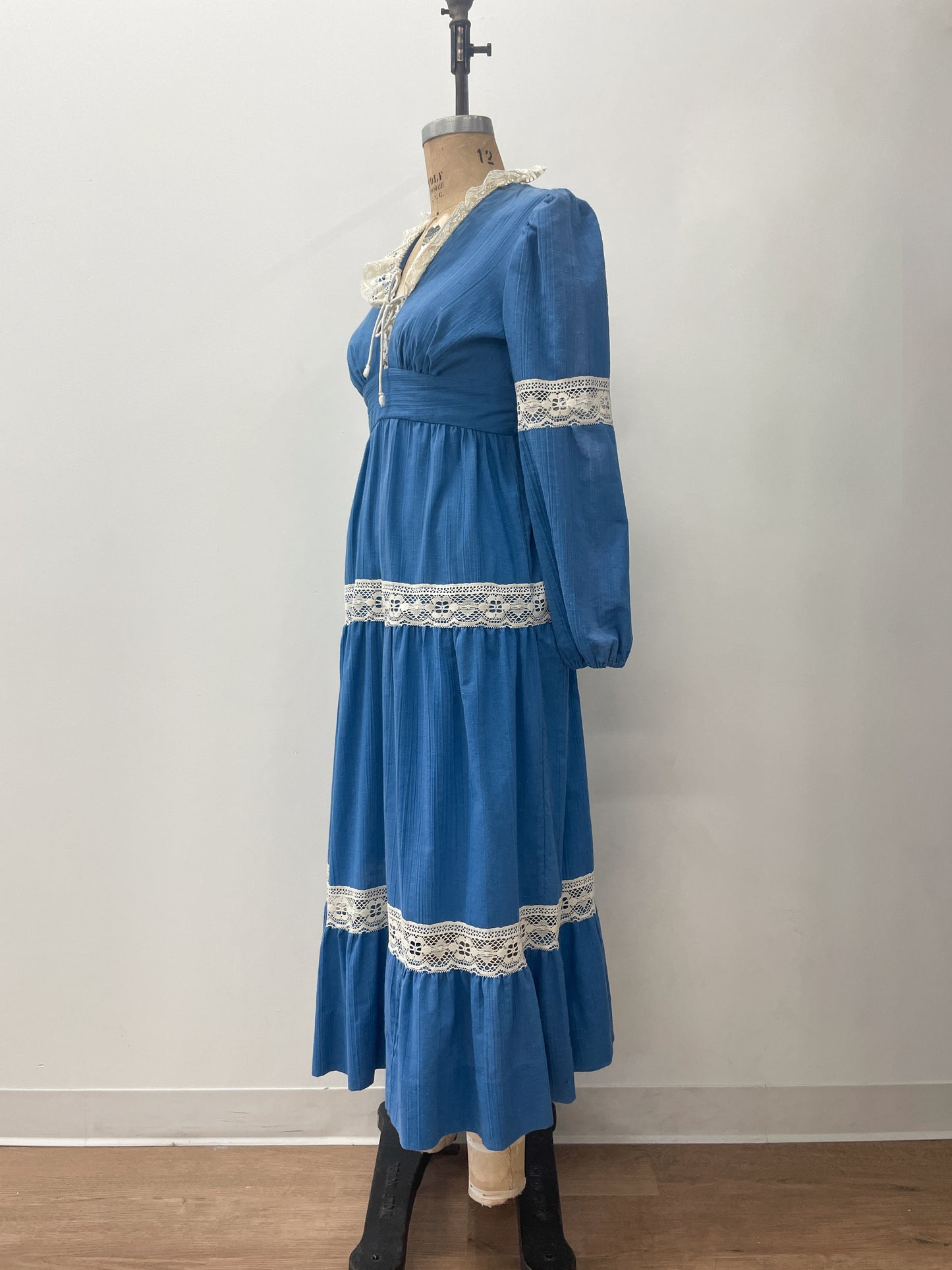 1970s Vintage Romantic Blue Prairie Maxi Dress