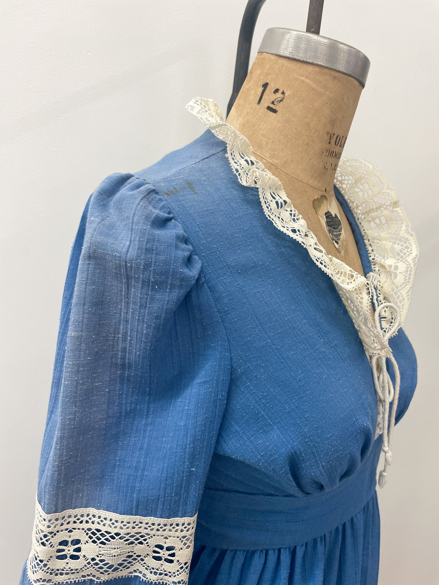 1970s Vintage Romantic Blue Prairie Maxi Dress