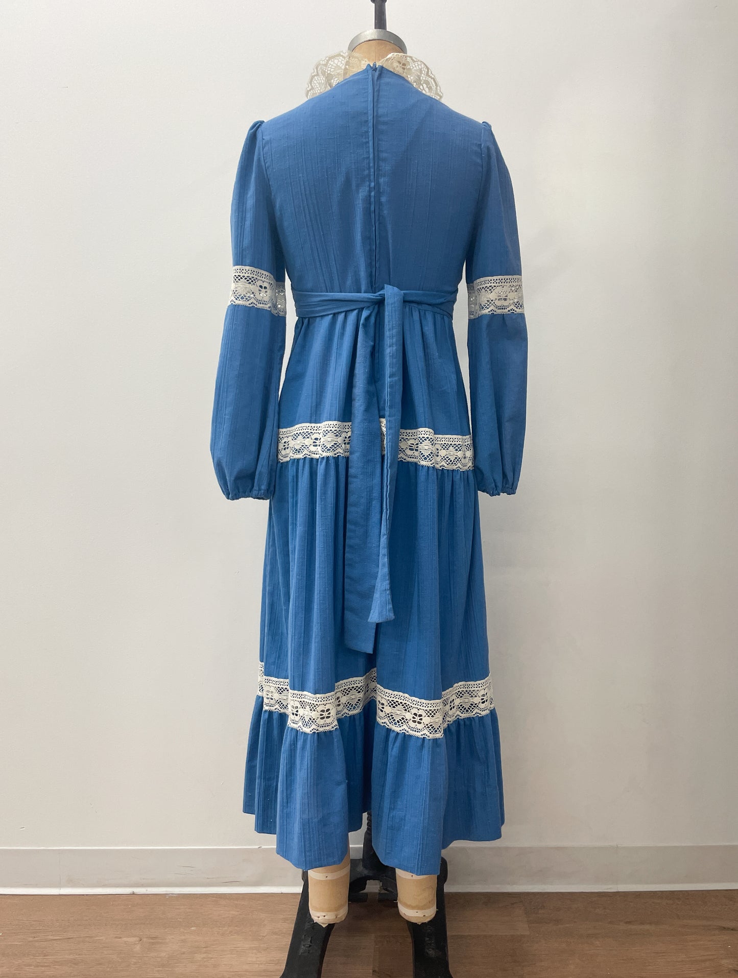 1970s Vintage Romantic Blue Prairie Maxi Dress