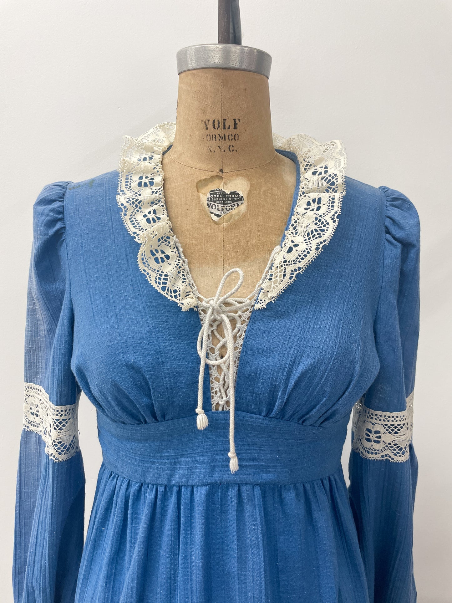 1970s Vintage Romantic Blue Prairie Maxi Dress