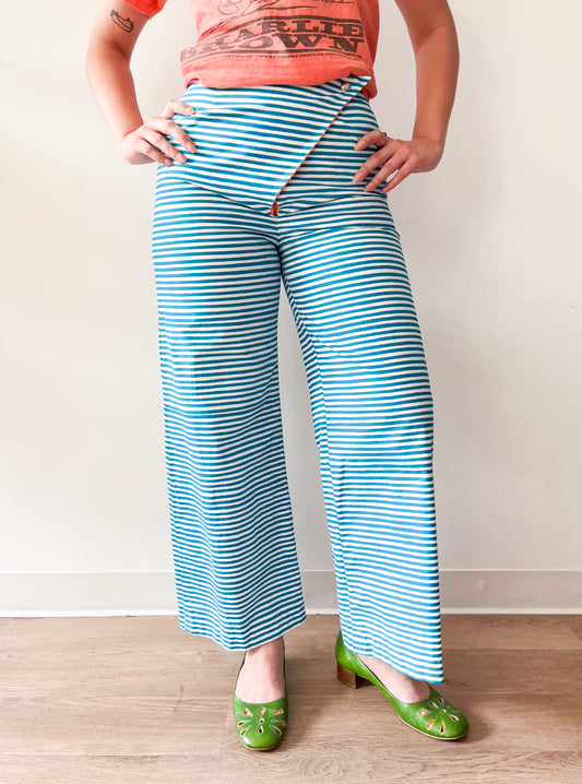 1960s Vintage Marimekko Suomi Finland Annika Rimala Tasarita Blue White Stripe Pants With Triangle Bib Closure