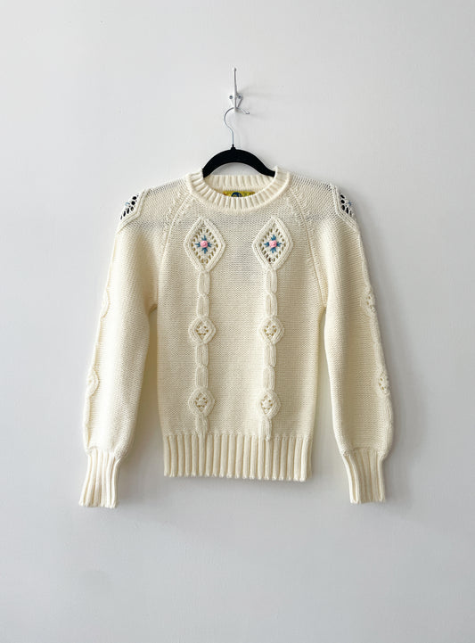 1970s - 1980s Vintage Chunky Cream Knit Sweater With Floral Cutouts