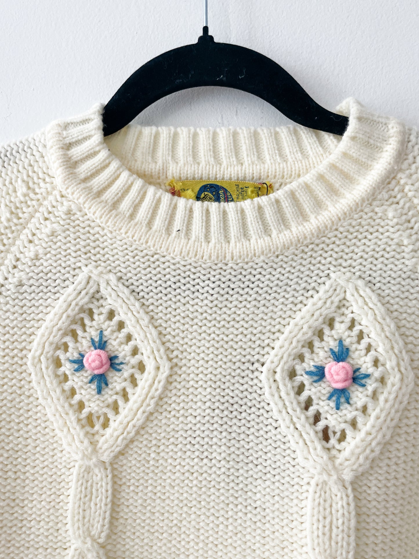 1970s - 1980s Vintage Chunky Cream Knit Sweater With Floral Cutouts