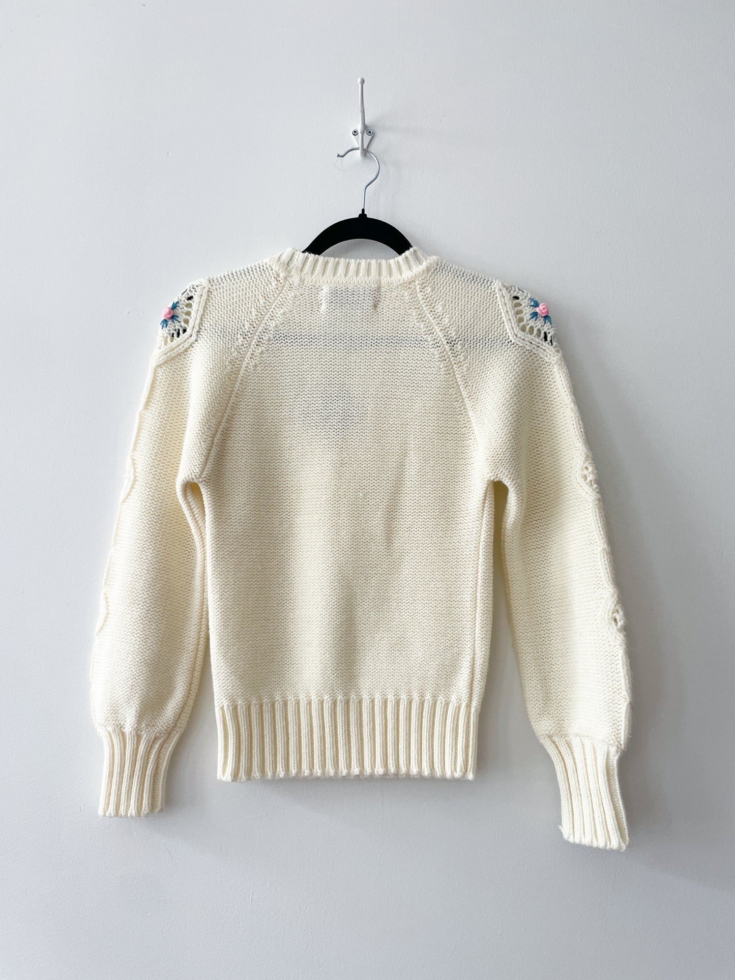 1970s - 1980s Vintage Chunky Cream Knit Sweater With Floral Cutouts