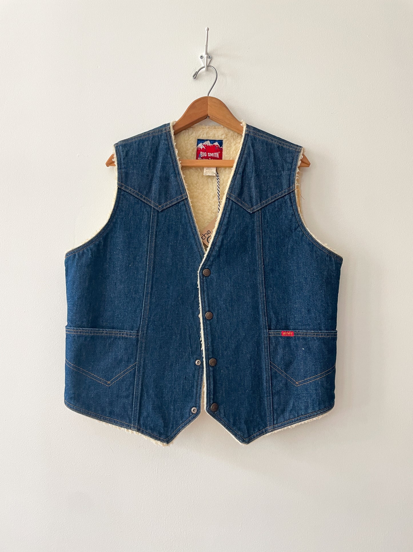 1970s Vintage Big Smith Denim Faux Shearling Lined Vest