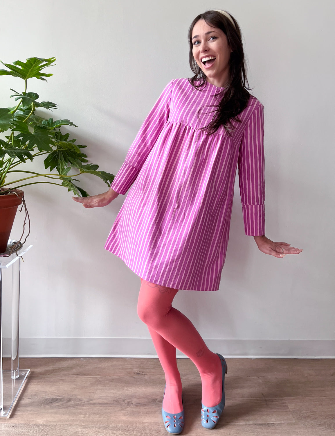 1960s Vintage Marimekko Suomi Finland Purple Pink Two Tone Piccolo Stripe Dress
