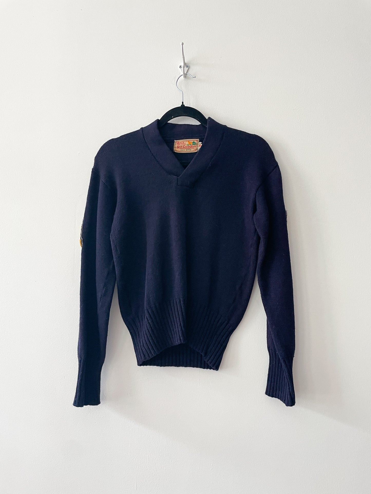 1950s Vintage Varsity Navy V-Neck Pullover Wool Gladiator 1958 Patch Sweater