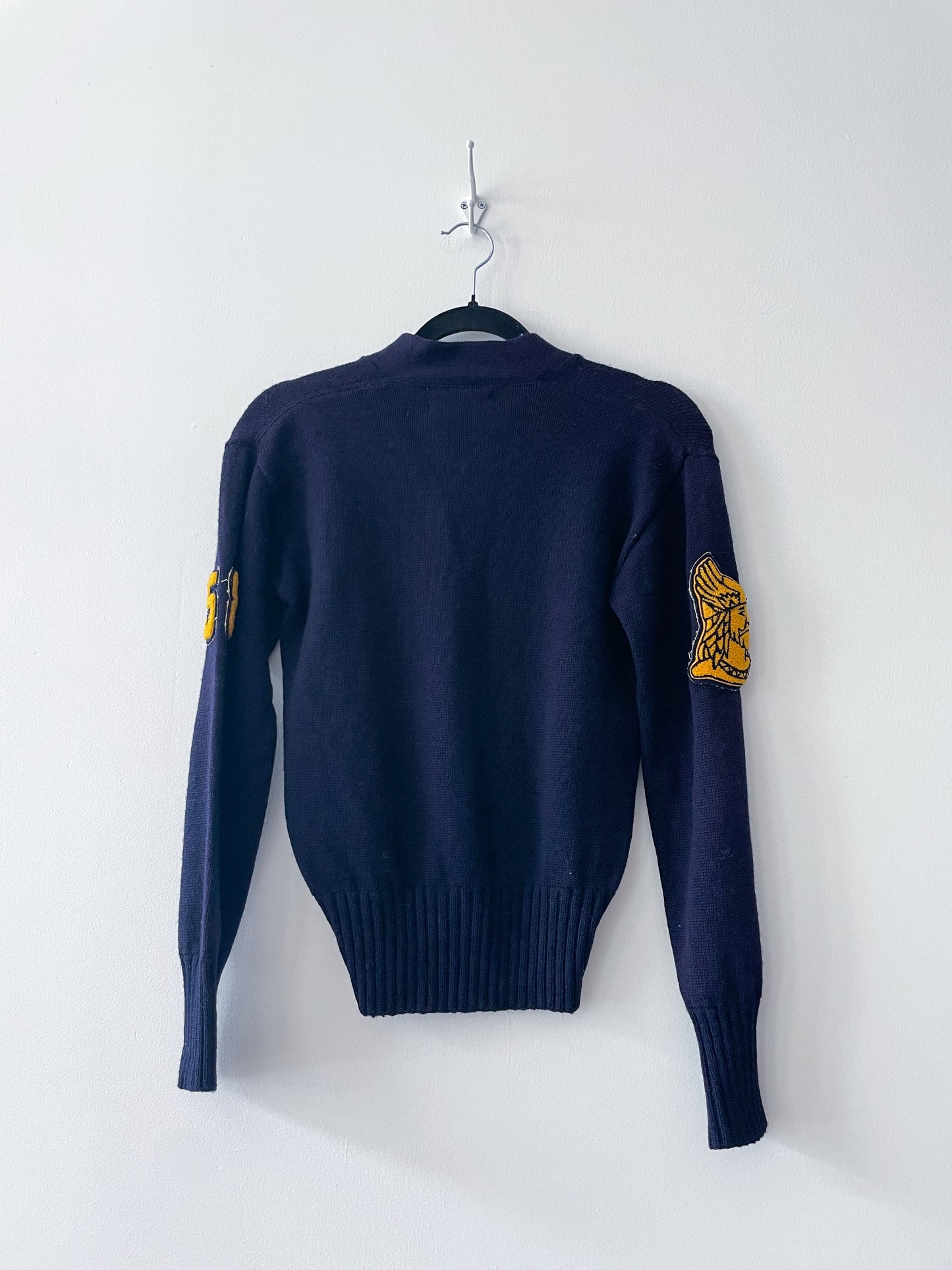 1950s Vintage Varsity Navy V-Neck Pullover Wool Gladiator 1958 Patch Sweater