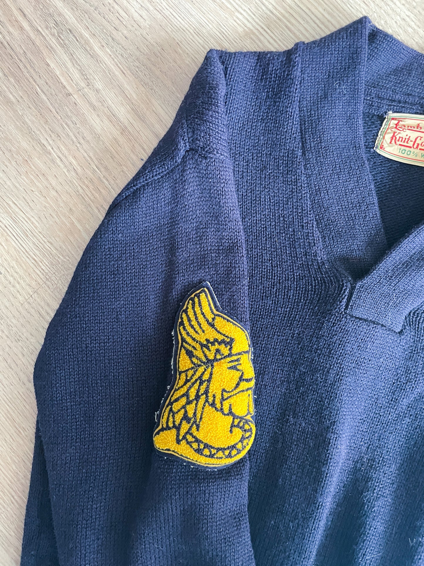 1950s Vintage Varsity Navy V-Neck Pullover Wool Gladiator 1958 Patch Sweater