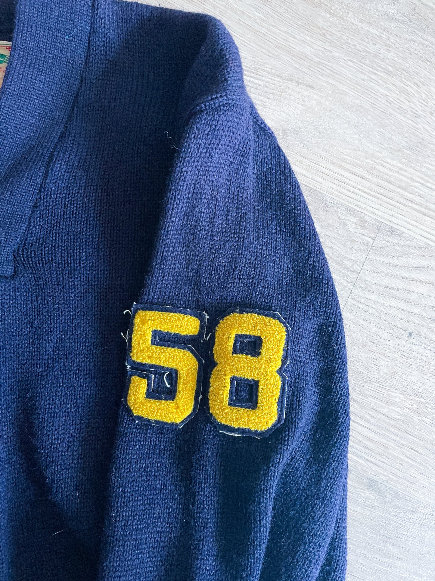 1950s Vintage Varsity Navy V-Neck Pullover Wool Gladiator 1958 Patch Sweater